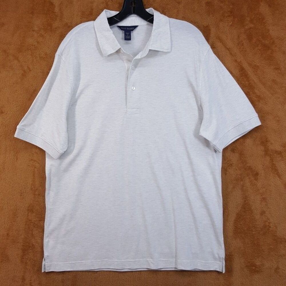 SCOTT BARBER Polo Shirt Mens Large Oatmeal Short Sleeve Pique Cotton Silk